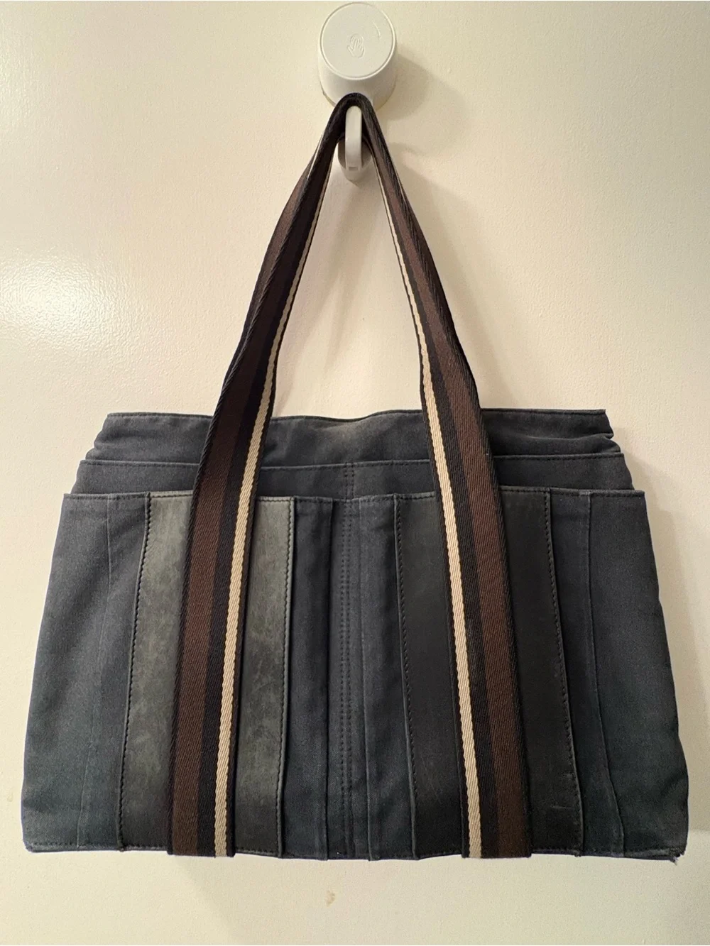 Hermes Gray Canvas Messenger Tote with Brown Striped Webbing Handles